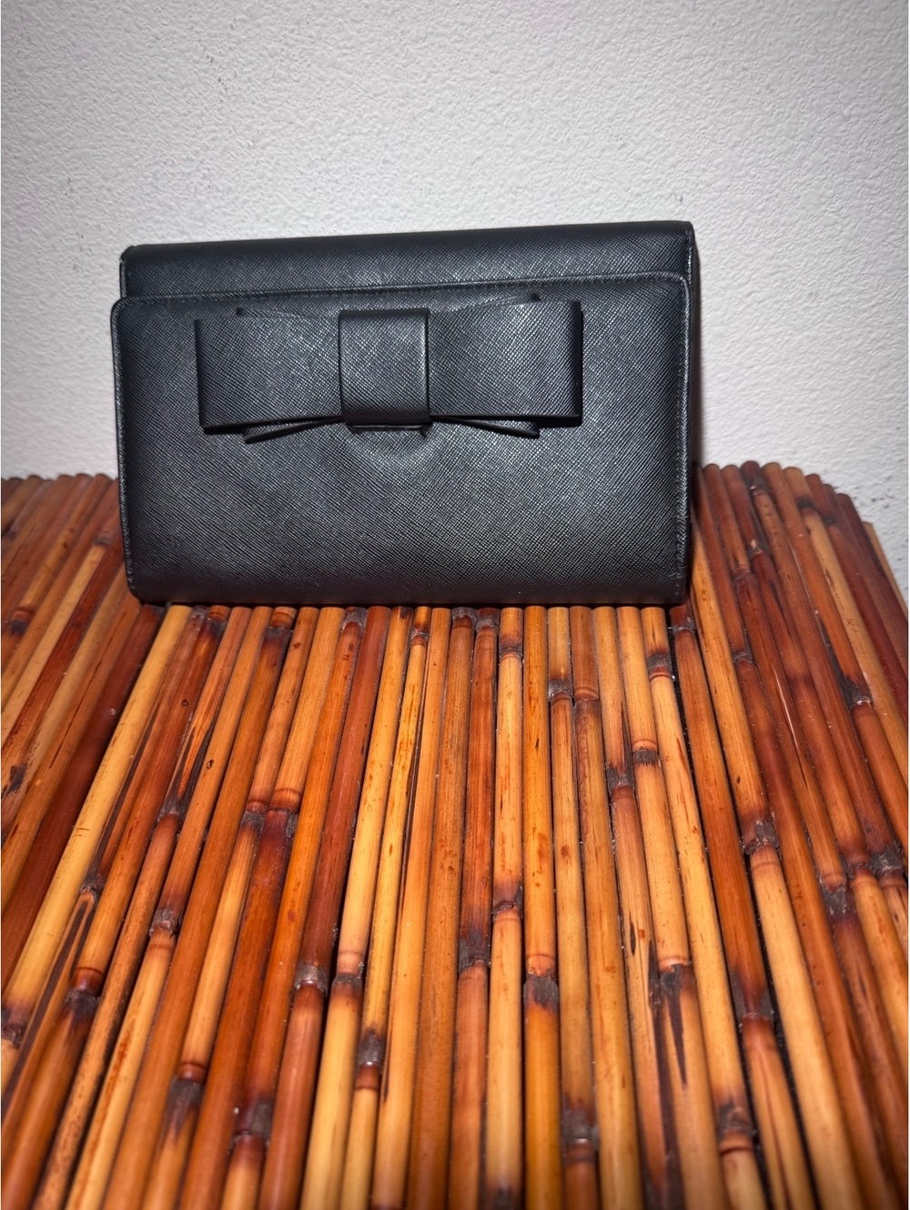 Betsey Johnson Black Bow Flap Wallet Faux Leather Rose Lining Clutch Organizer
